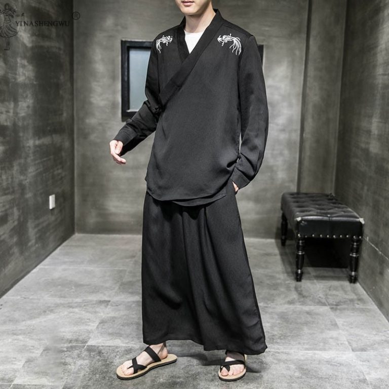 Kimono Japonais Homme En Coton Noir Taille L - Style Hanfu Ancien, Neuf Avec étiquettes, Pour Déguisement Ou Détente