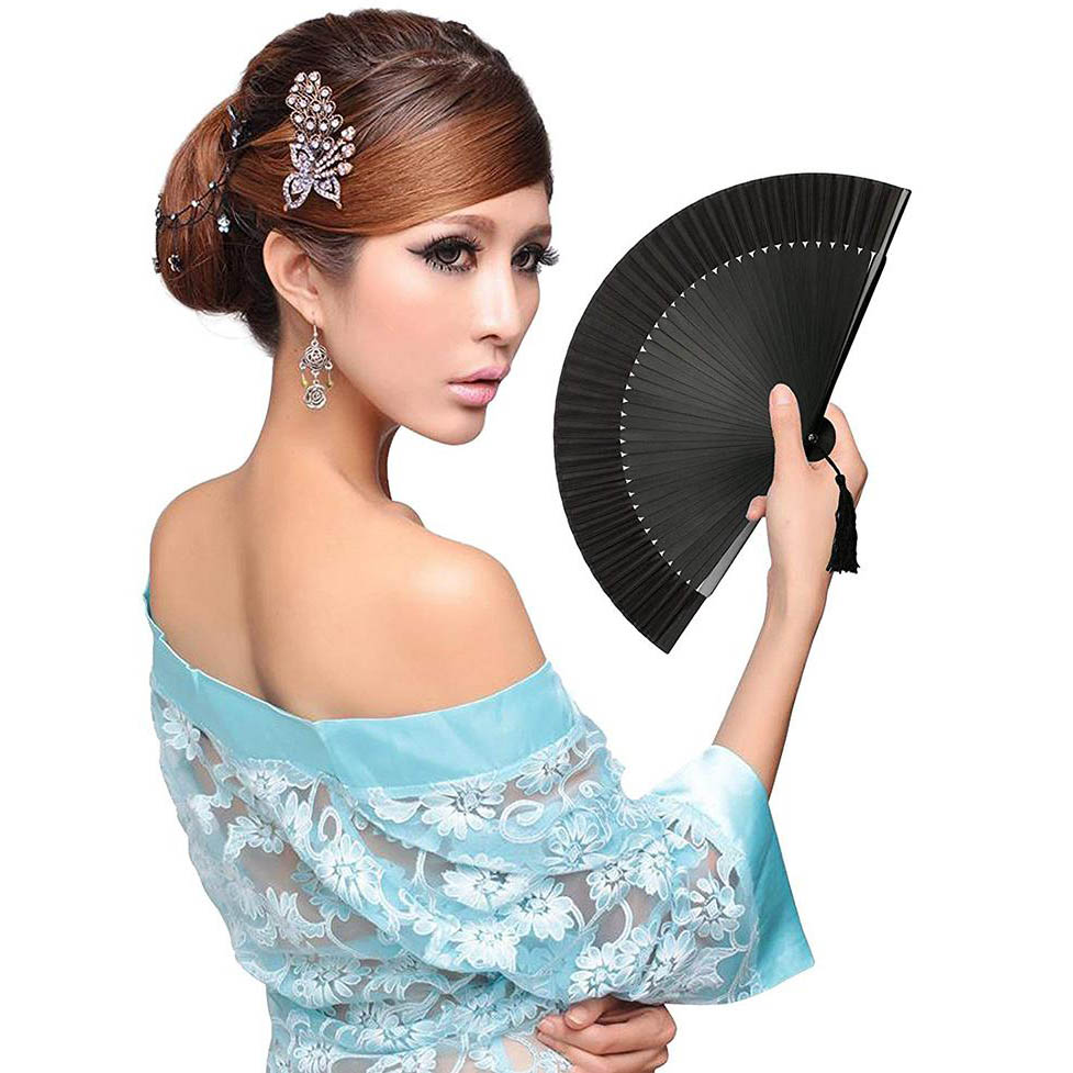 Éventail Pliable En Soie Et Bambou Style Rétro Oriental - Fait Main, 21 Cm Plié, Décoration Ou Rafraîchissement