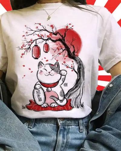 T-Shirt Femme Japonais – Chat Chanceux